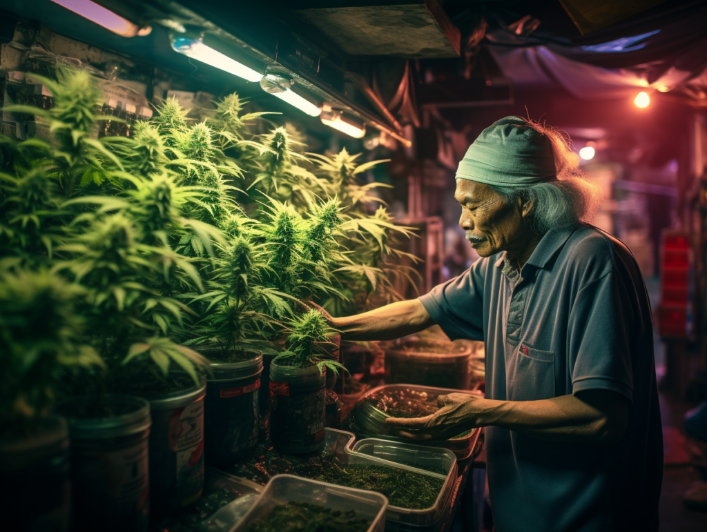 Thailänder vor einem Cannabis-Stand in den Straßen von Bangkok.